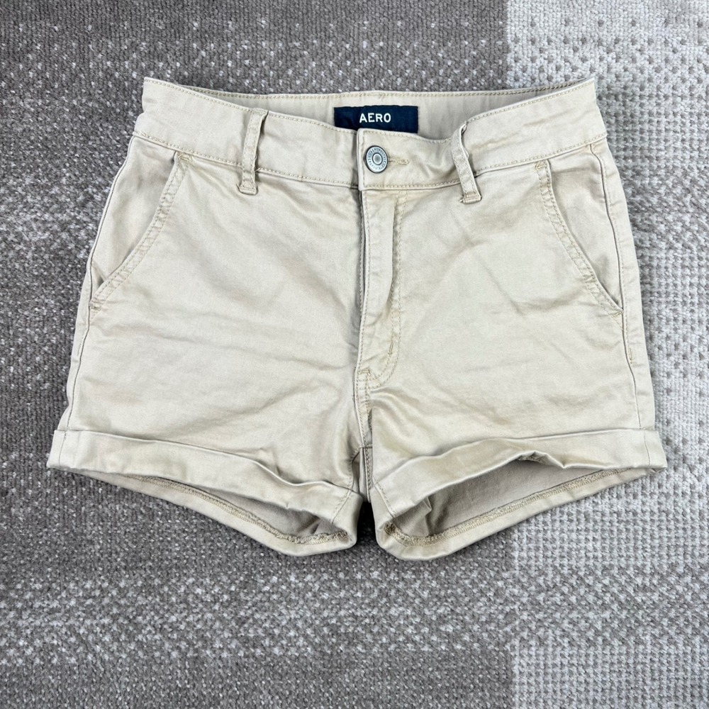 Aeropostale High Rise Midi Chino Shorts Tan Khaki Cotton Blend Womens Size 2